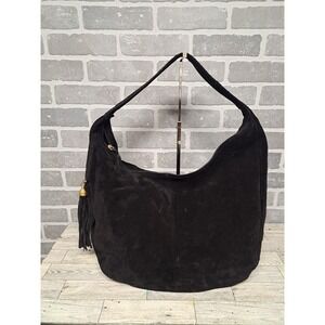 Neiman Marcus Womens Vintge Black Suede Shoulder Genuine Leather Hobo Bag Tassel